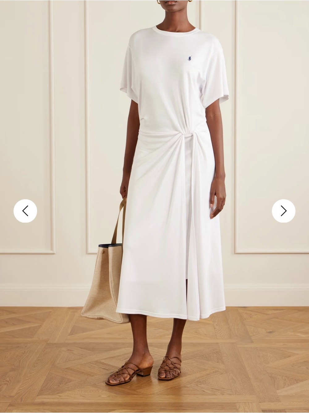NEW Polo Ralph Lauren Gathered Jersey  White Knot-Front Midi Dress, Large